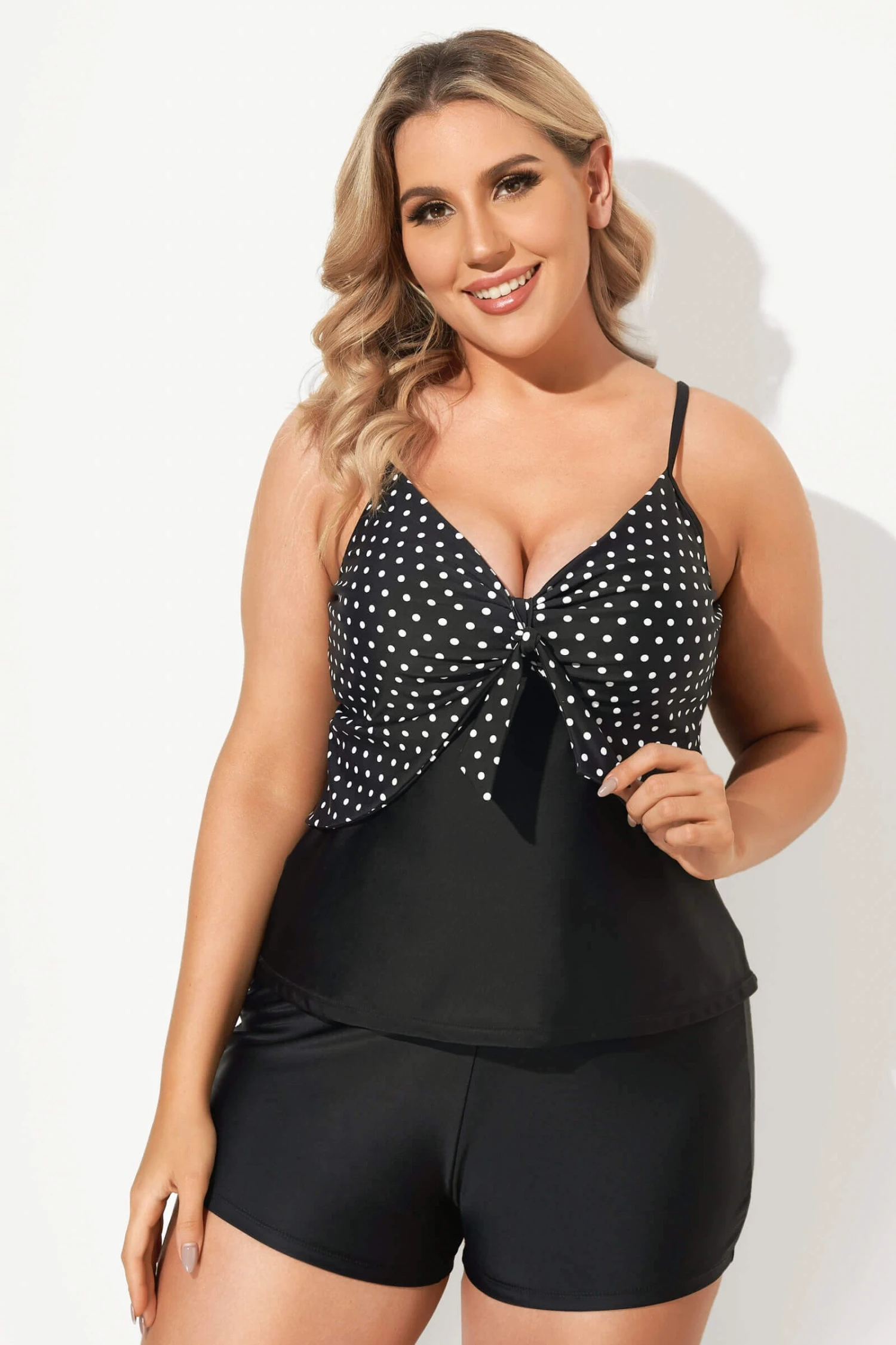 Black Dots Sweetheart Neck Tie Front Tankini Top - Image 4