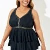 Black Gold Trim V-Neck Ruffle Tankini Top