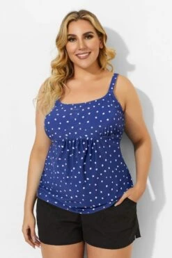 Blue Scoopneck Adjustable Straps Purple Dot Tankini Top