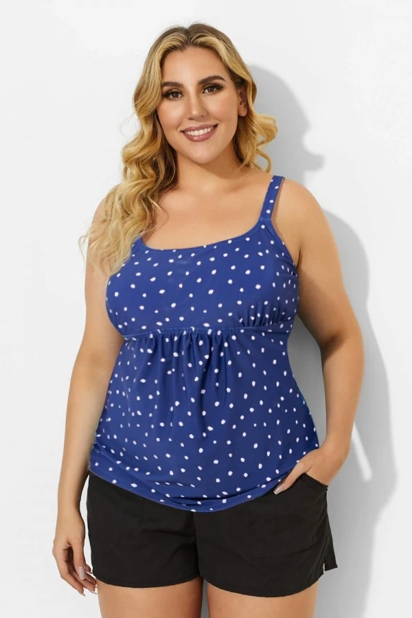 Blue Scoopneck Adjustable Straps Purple Dot Tankini Top