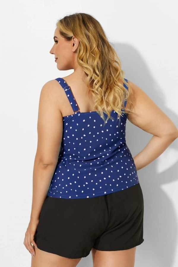 Blue Scoopneck Adjustable Straps Purple Dot Tankini Top - Image 2