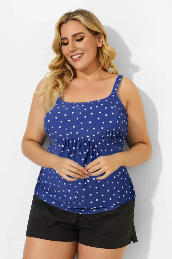 Blue Scoopneck Adjustable Straps Purple Dot Tankini Top - Image 3