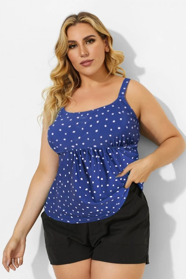 Blue Scoopneck Adjustable Straps Purple Dot Tankini Top - Image 4