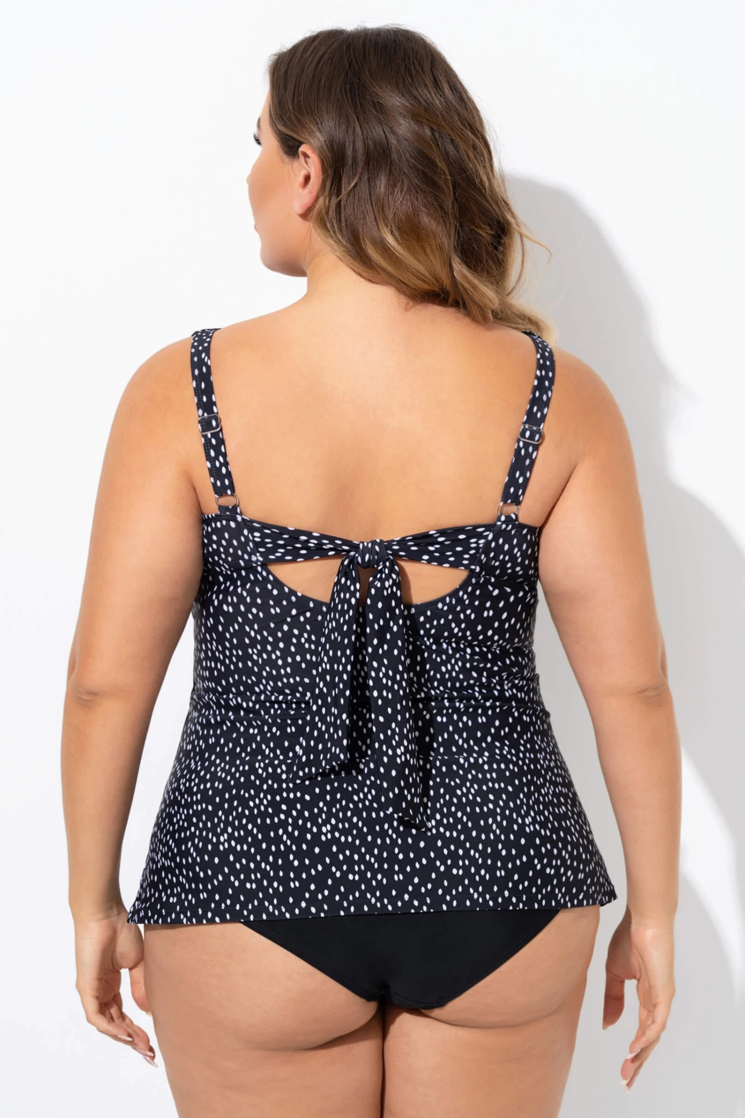 Black Wide Straps Tie-back White Speckle Tankini Top - Image 2