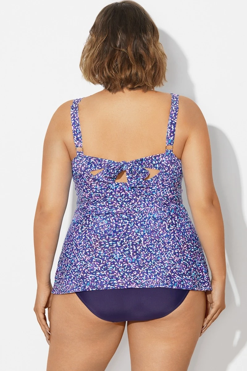 Blue Wide Straps Tie-Back White Speckle Tankini Top - Image 2