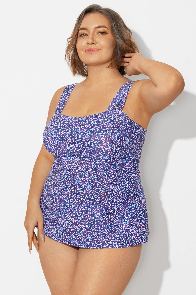 Blue Wide Straps Tie-Back White Speckle Tankini Top - Image 5
