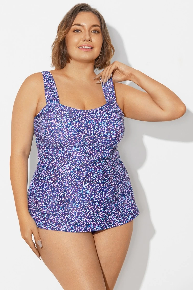 Blue Wide Straps Tie-Back White Speckle Tankini Top - Image 4