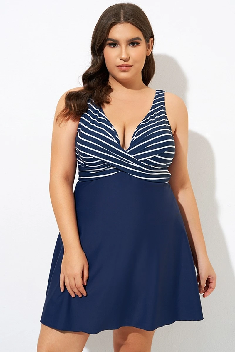 Navy And White Stripe Wrap Front Swimdress - Image 3