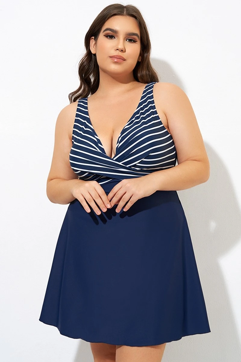 Navy And White Stripe Wrap Front Swimdress - Image 4