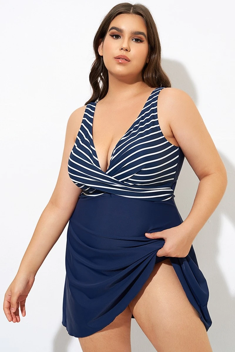 Navy And White Stripe Wrap Front Swimdress - Image 5