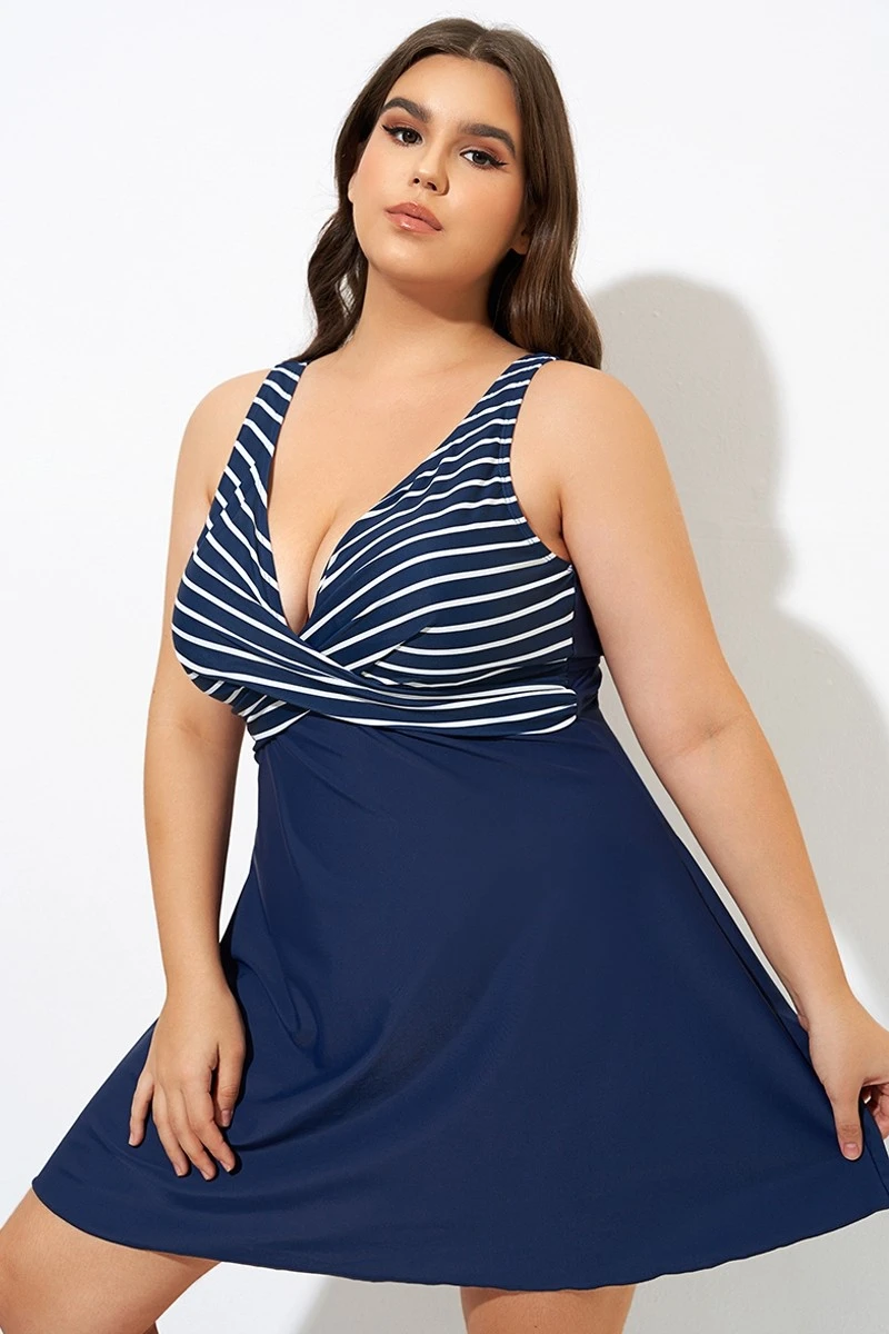 Navy And White Stripe Wrap Front Swimdress - Image 6