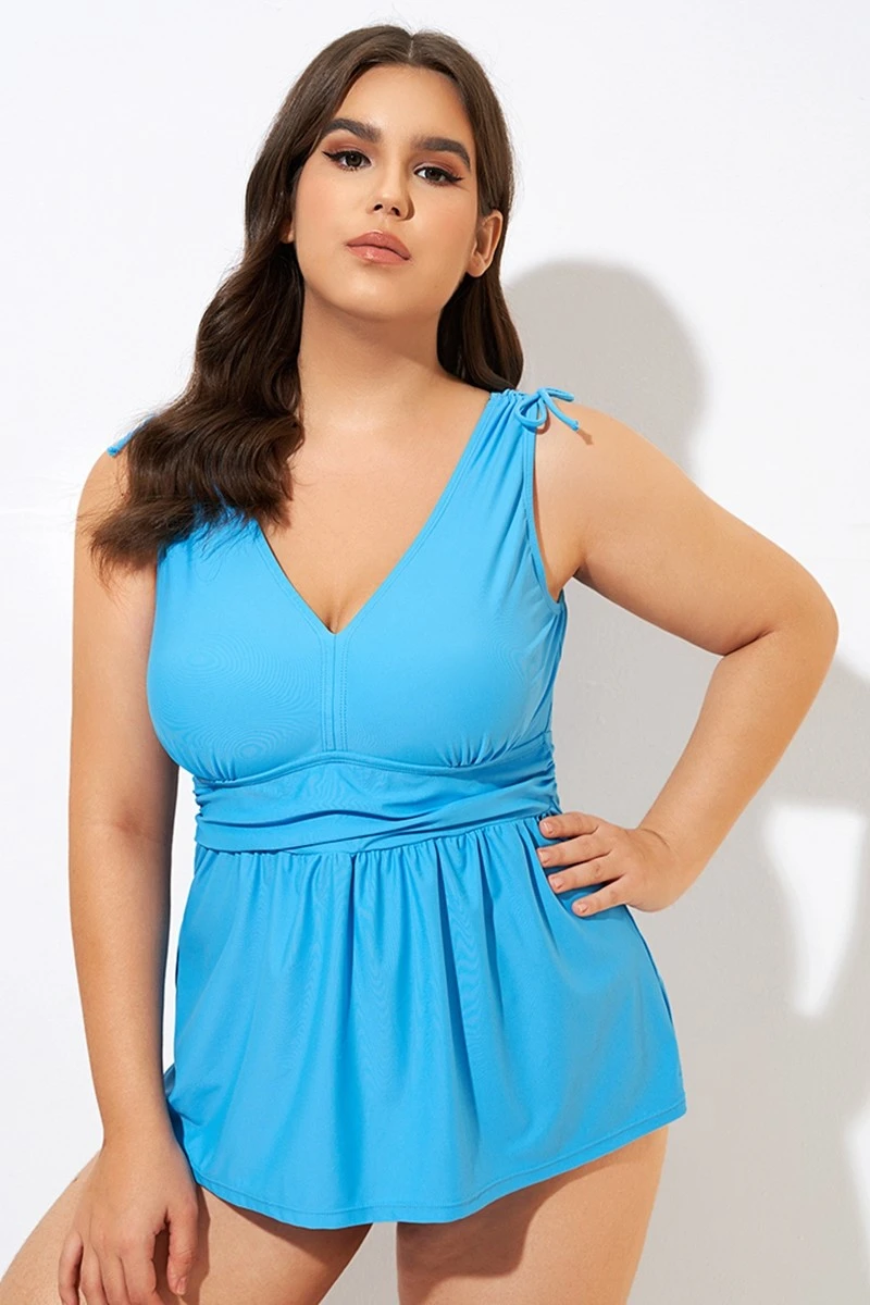 Blue Ruched Retro V Neck Tankini Top - Image 3