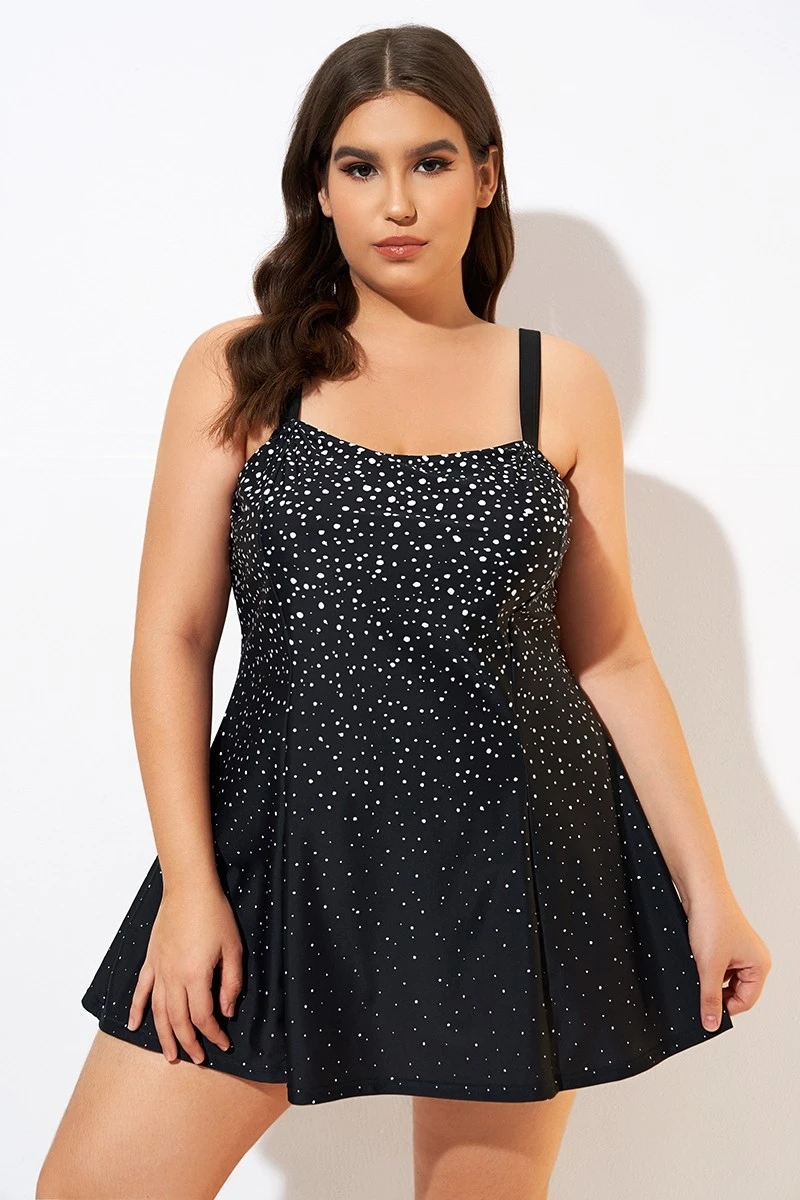 Black White Dot Square Neckline Adjustable Straps Swimdress