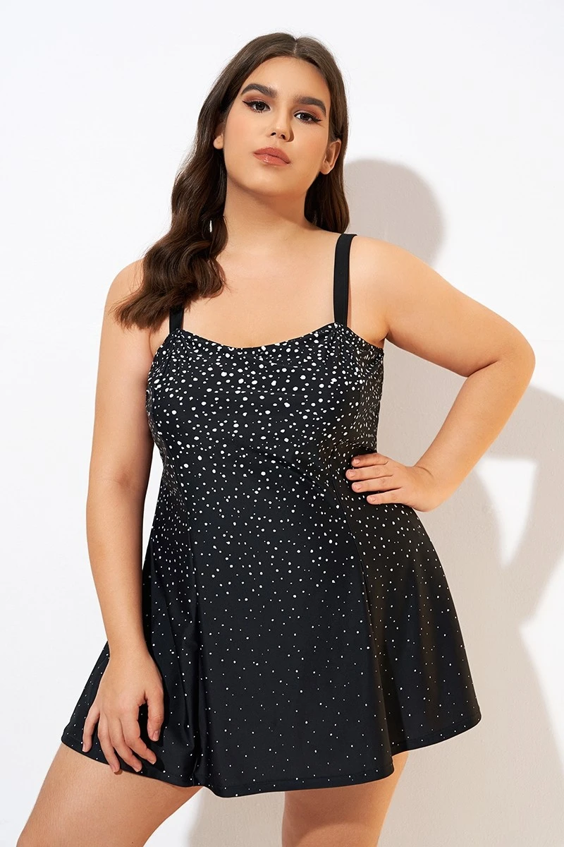 Black White Dot Square Neckline Adjustable Straps Swimdress - Image 3