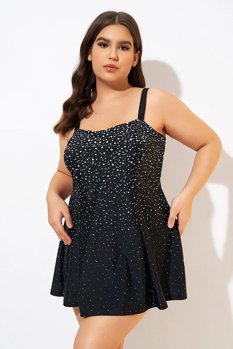 Black White Dot Square Neckline Adjustable Straps Swimdress - Image 4