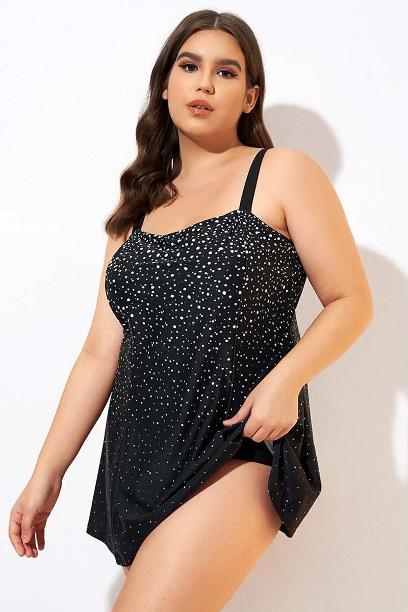 Black White Dot Square Neckline Adjustable Straps Swimdress - Image 5