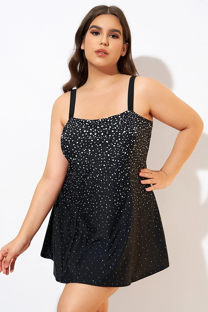 Black White Dot Square Neckline Adjustable Straps Swimdress - Image 6
