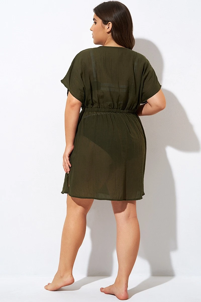 Dark Green V Neck Elastic Waisted Cover Up - Image 2