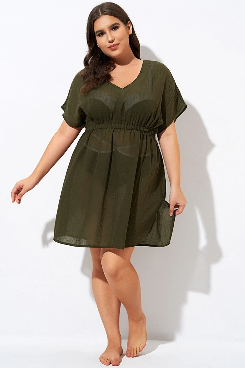 Dark Green V Neck Elastic Waisted Cover Up - Image 3