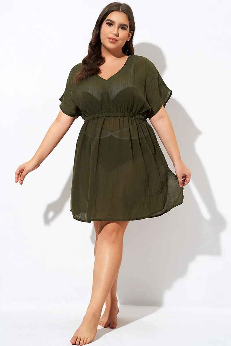 Dark Green V Neck Elastic Waisted Cover Up - Image 4