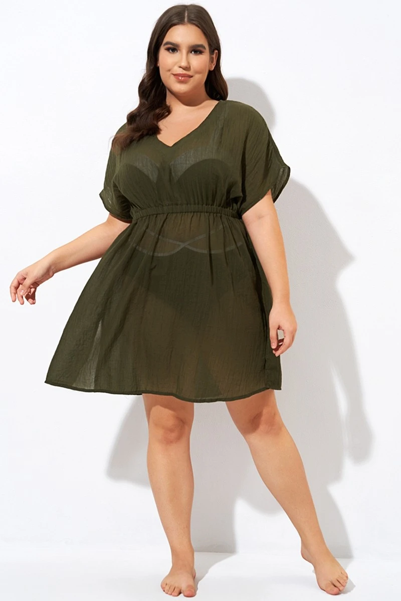 Dark Green V Neck Elastic Waisted Cover Up - Image 5