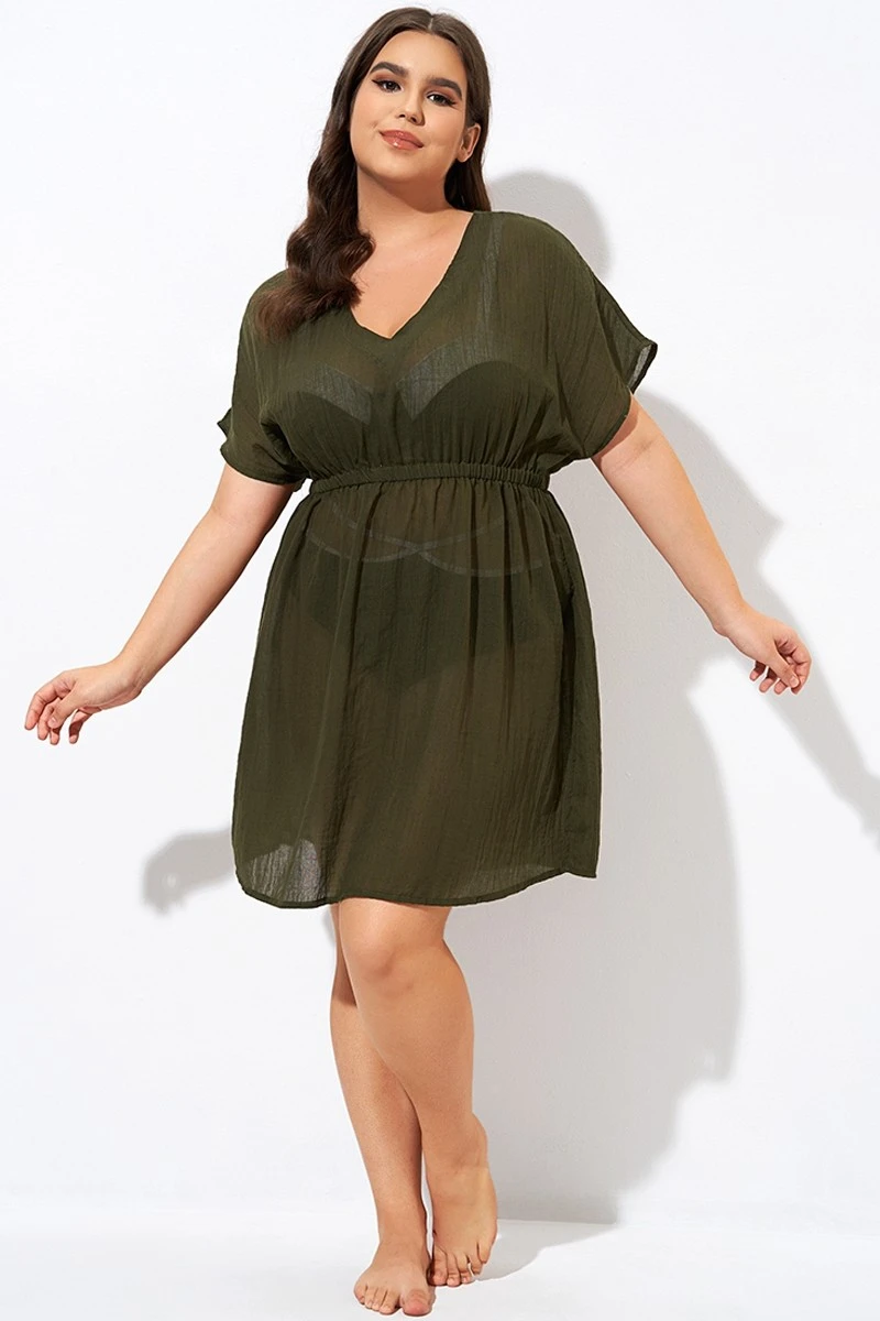 Dark Green V Neck Elastic Waisted Cover Up - Image 6