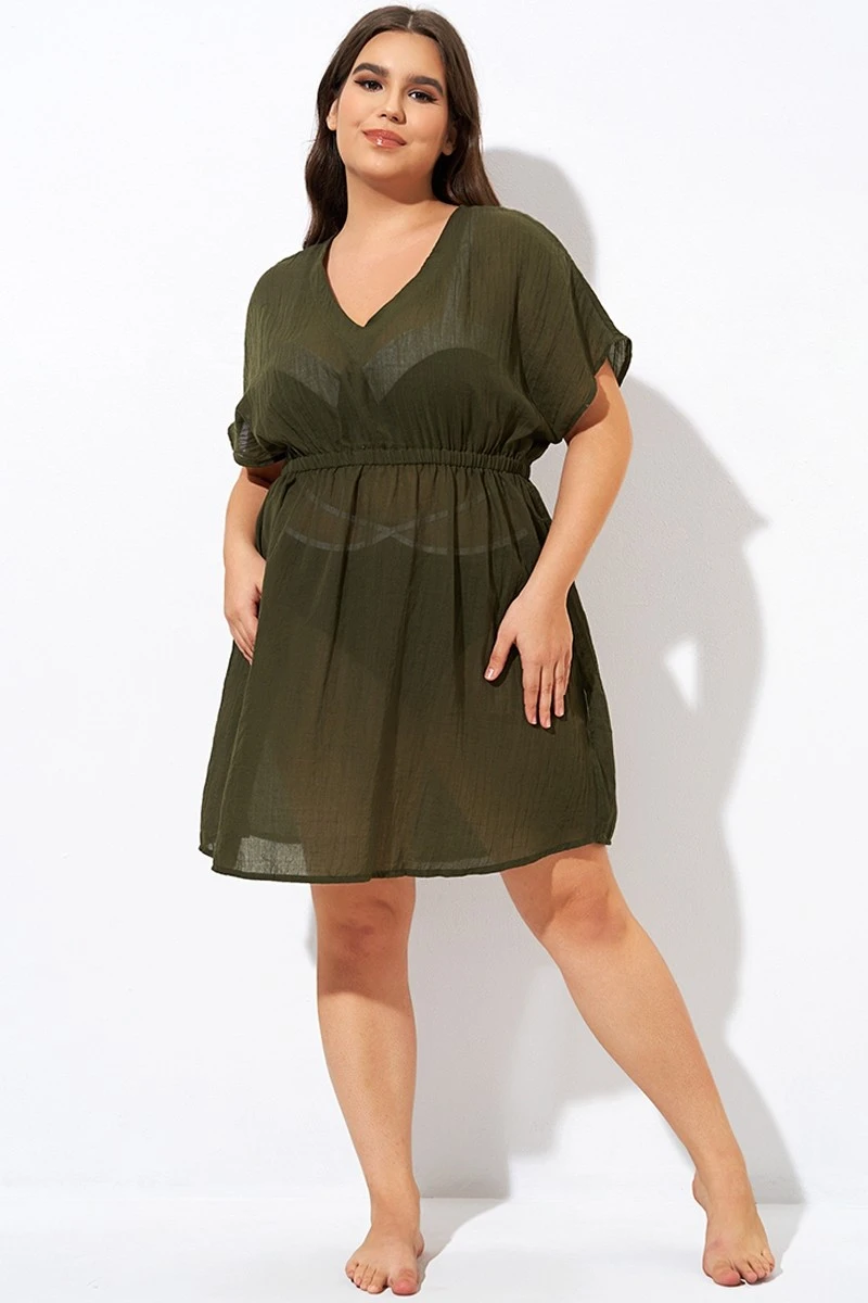 Dark Green V Neck Elastic Waisted Cover Up