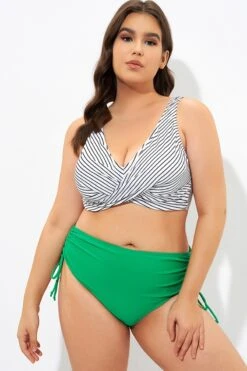 Stripe Front Cross Lace Up Women's Bikini Top