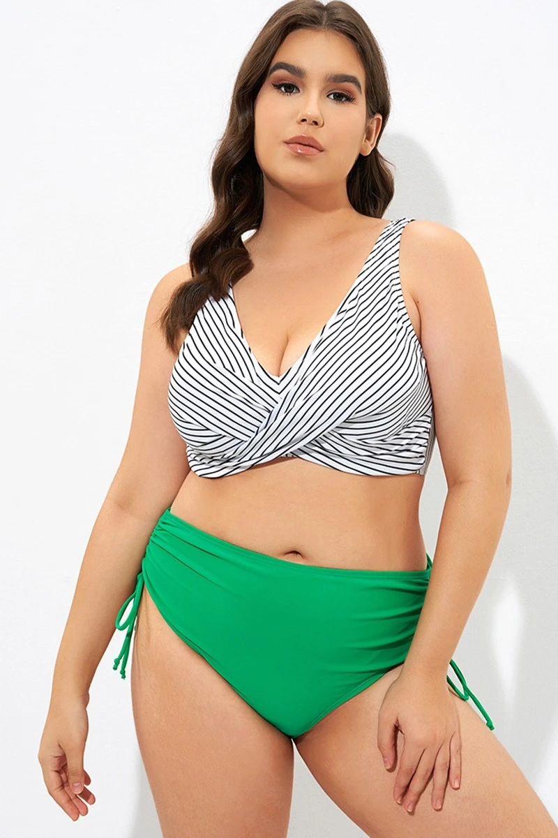 Stripe Front Cross Lace Up Women's Bikini Top