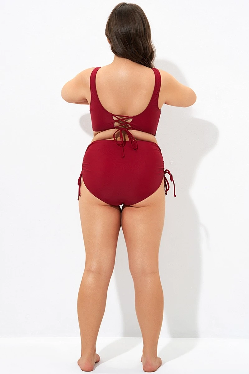 Red Drawstring Side High Waisted Bikini Bottom - Image 2