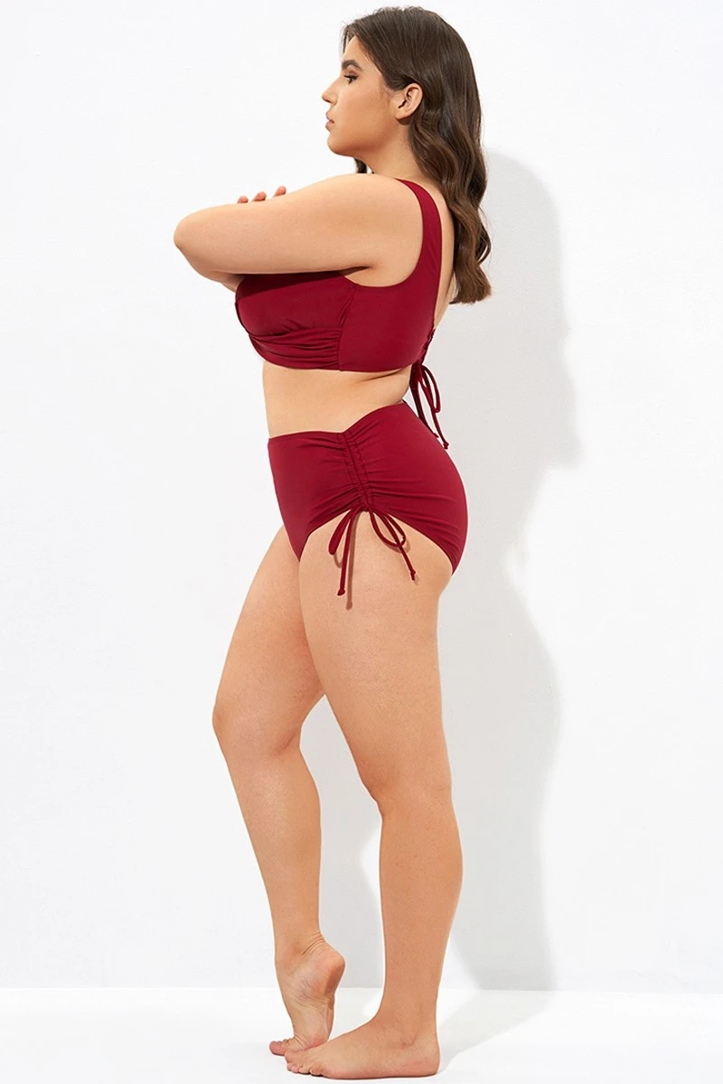 Red Drawstring Side High Waisted Bikini Bottom - Image 4
