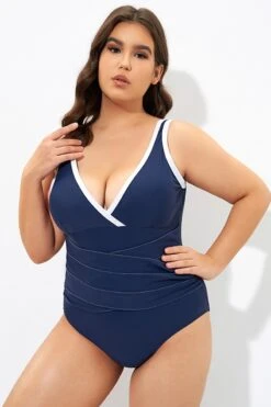 Blue Twist Front Plunge White Trim One Piece Swimsuit