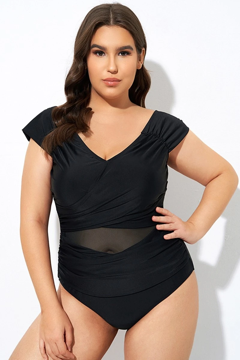 Black Mesh Cap Sleeve Cut Out One Piece Swimsuit - Image 3