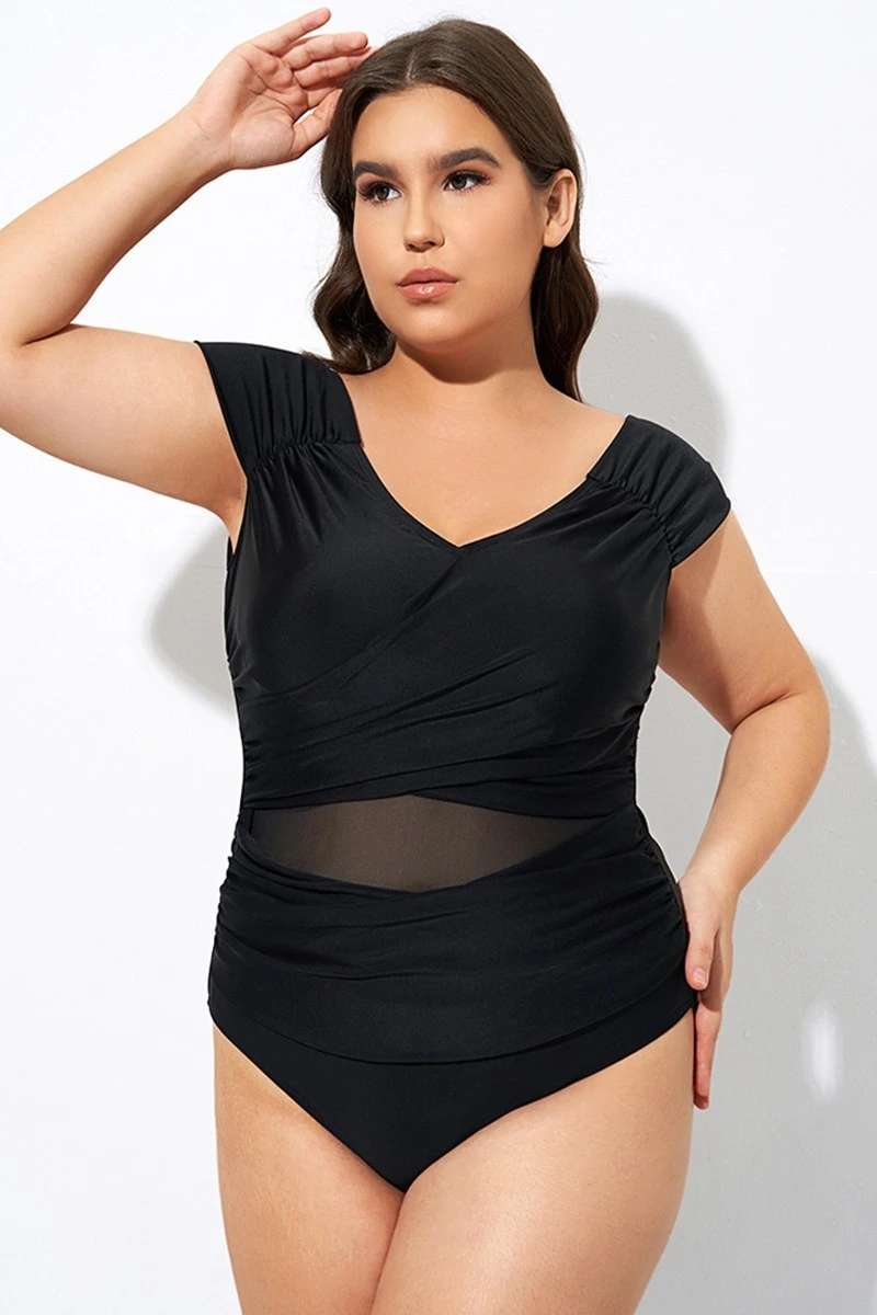 Black Mesh Cap Sleeve Cut Out One Piece Swimsuit - Image 4