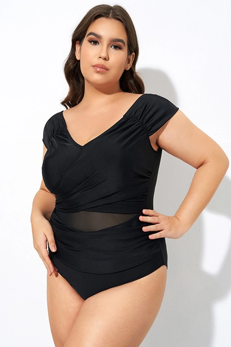Black Mesh Cap Sleeve Cut Out One Piece Swimsuit - Image 5