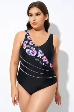 Black Flower Printed Women One Piece Swimsuit