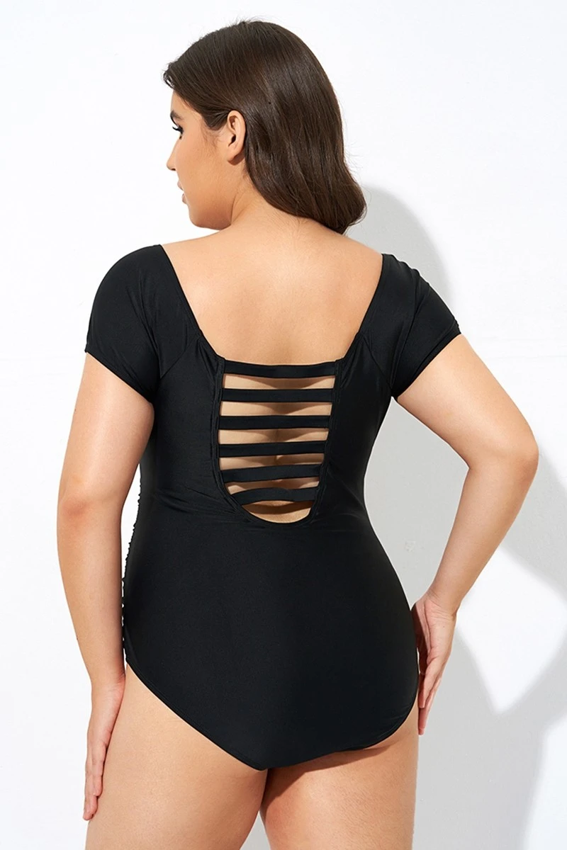 Elegant Solid Black Ladder Back One Piece Swimsuit - Image 2