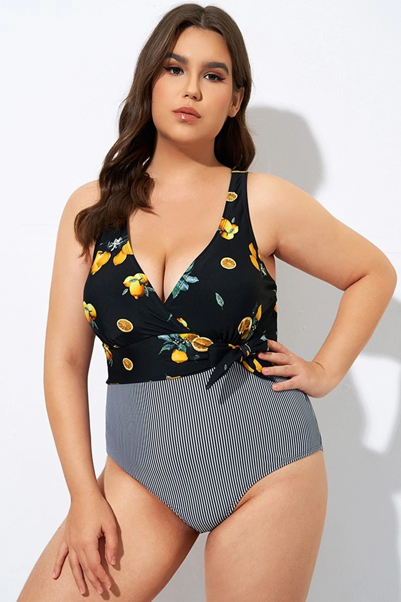 Lemon Stripes Print Front Lining One Piece Swimsuit - Image 3