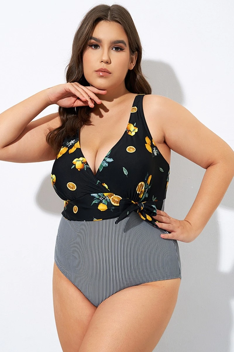 Lemon Stripes Print Front Lining One Piece Swimsuit - Image 4
