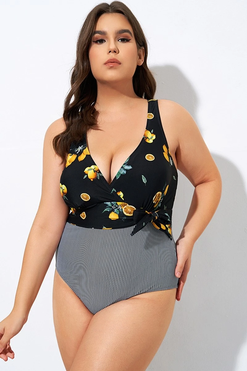 Lemon Stripes Print Front Lining One Piece Swimsuit - Image 5
