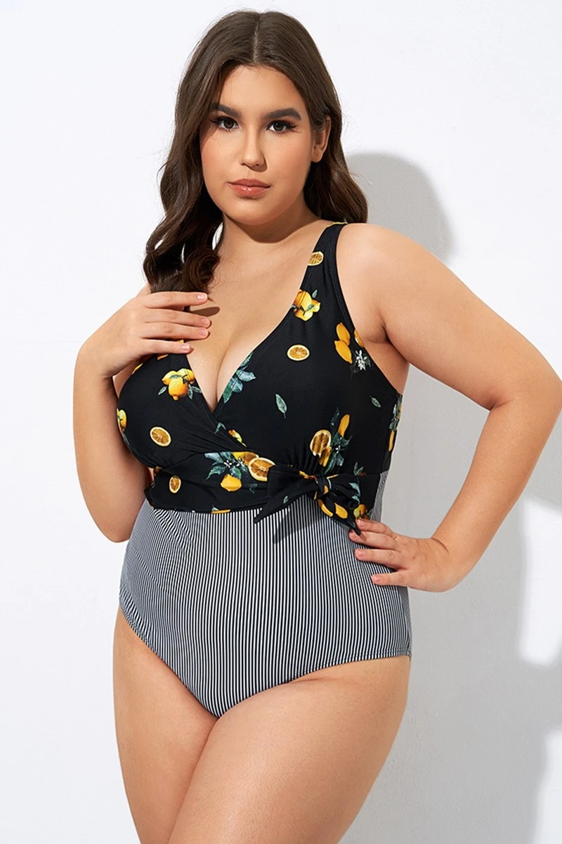 Lemon Stripes Print Front Lining One Piece Swimsuit - Image 6