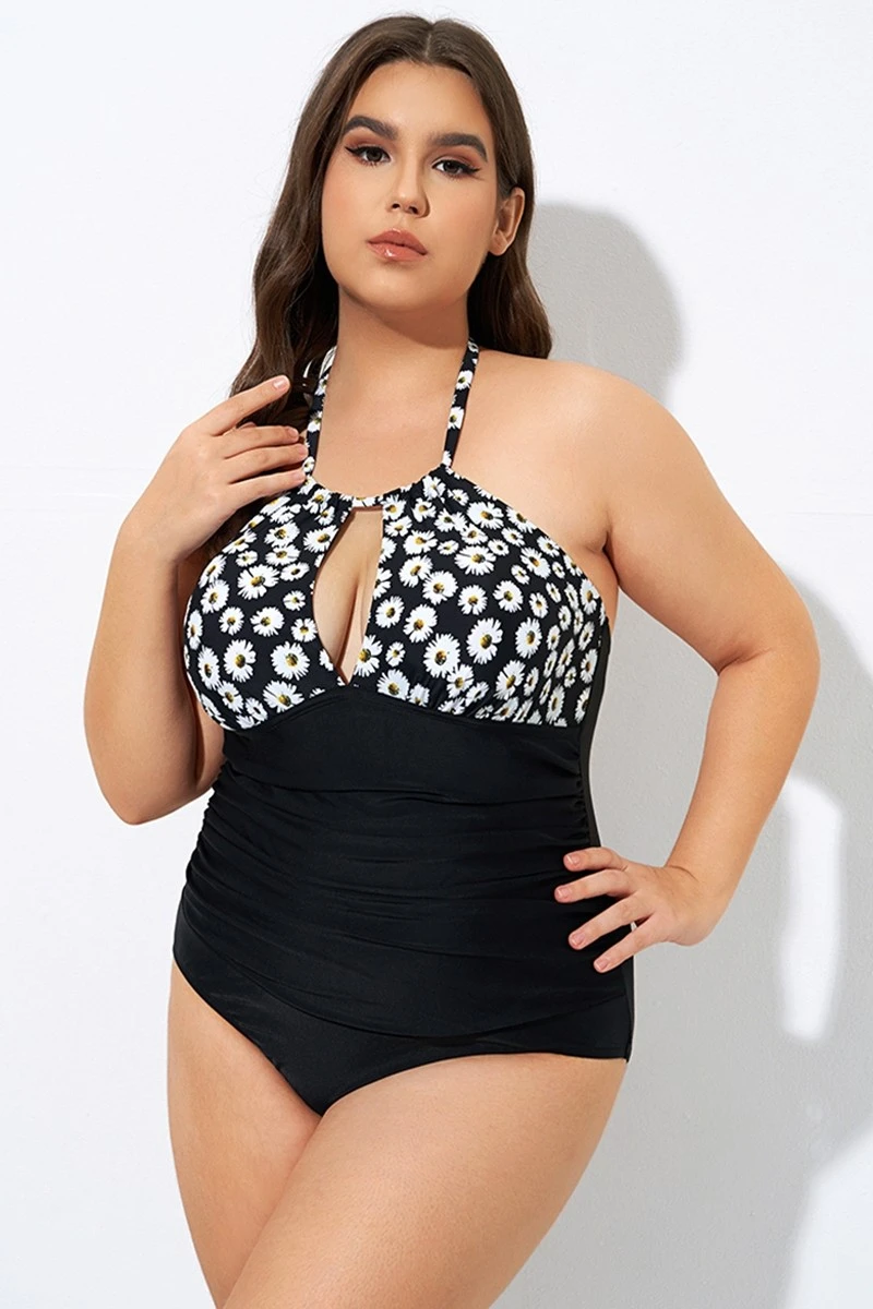 Daisy Print Cutout High Neck One Piece Swimsuit - Image 4