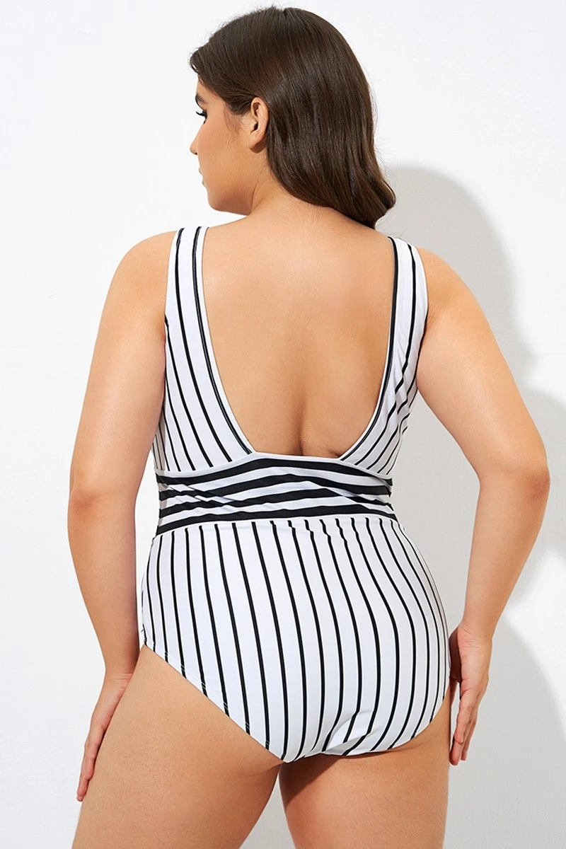 Black & White Stripe Women One Piece Swimsuit - Image 2