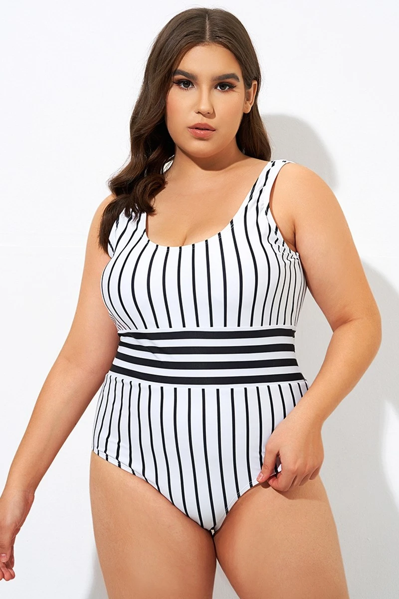 Black & White Stripe Women One Piece Swimsuit - Image 3