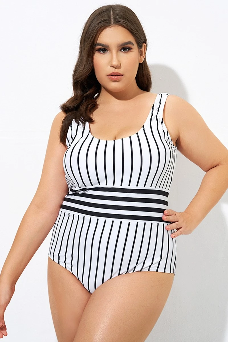 Black & White Stripe Women One Piece Swimsuit - Image 4