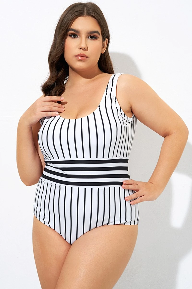 Black & White Stripe Women One Piece Swimsuit - Image 5