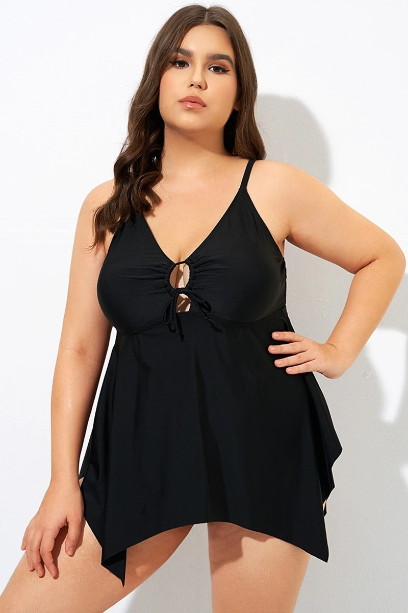 Black Front Tie Flowy Cross Back Tankini Top - Image 3