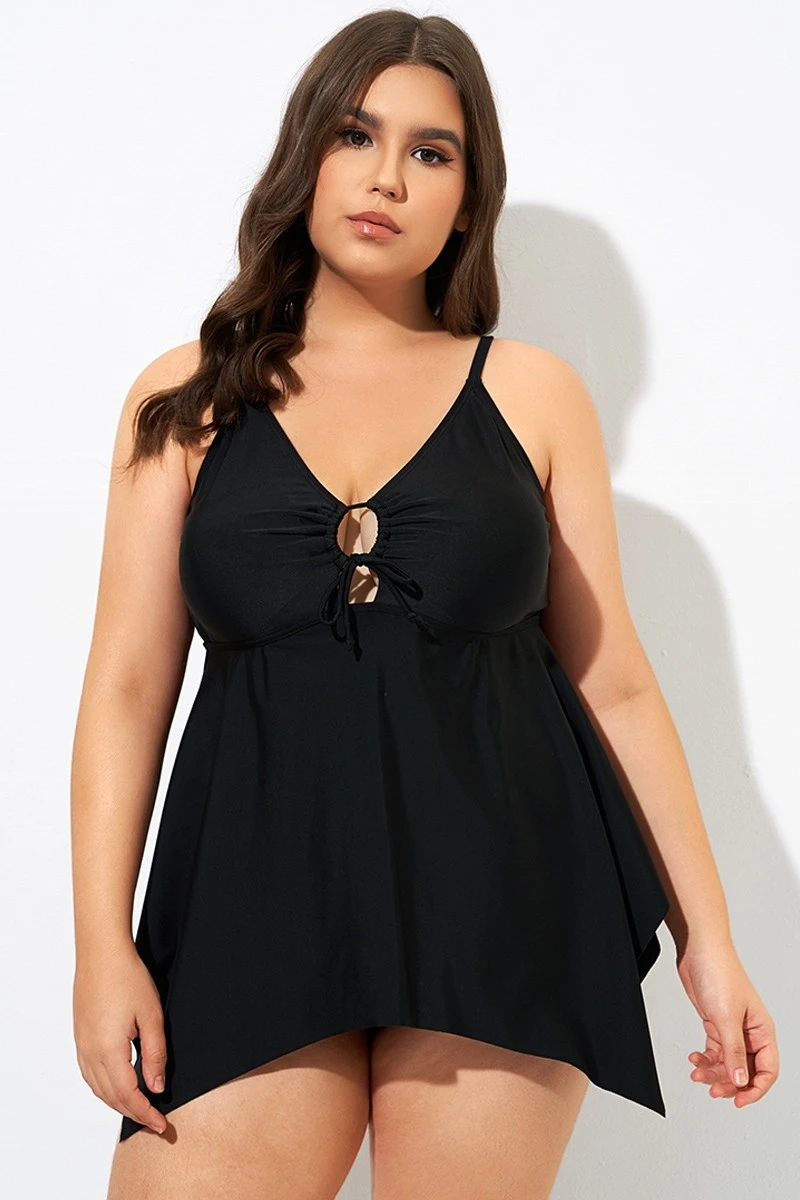 Black Front Tie Flowy Cross Back Tankini Top - Image 4