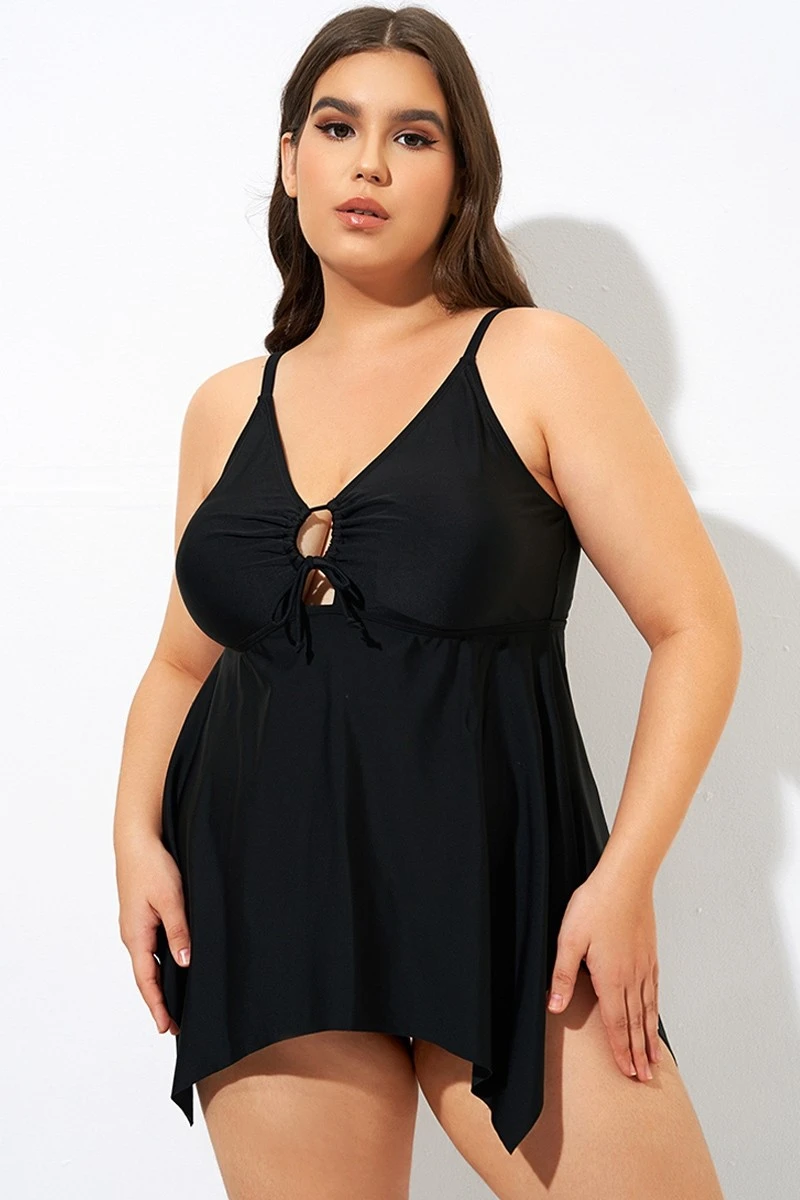 Black Front Tie Flowy Cross Back Tankini Top - Image 5