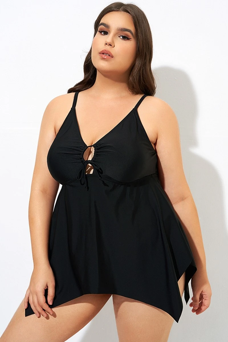 Black Front Tie Flowy Cross Back Tankini Top - Image 6